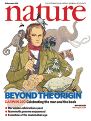 Cover of Nature journal issue 'Beyond the Origin' featuring an the sequencing of genomes of extinct species (mammoth genome) and an image of Darwin in surrounded by flora and fauna